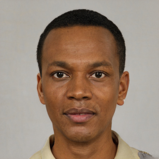 Neutral black young-adult male with short  black hair and brown eyes
