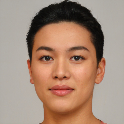 Neutral asian young-adult female with short  black hair and brown eyes