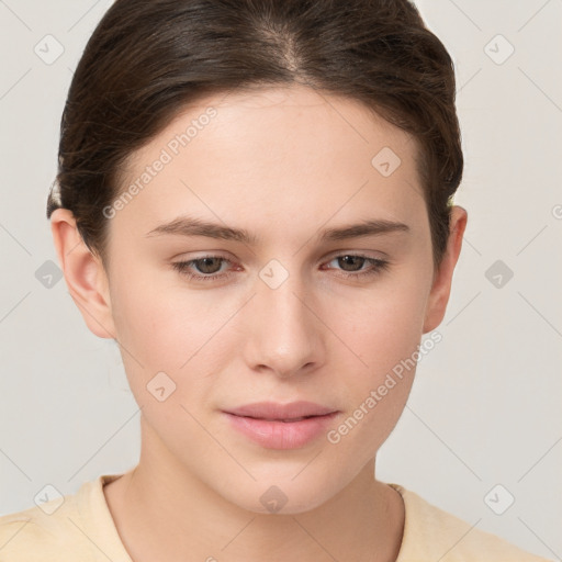 Neutral white young-adult female with short  brown hair and brown eyes