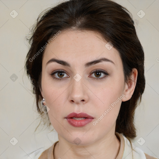 Neutral white young-adult female with medium  brown hair and brown eyes