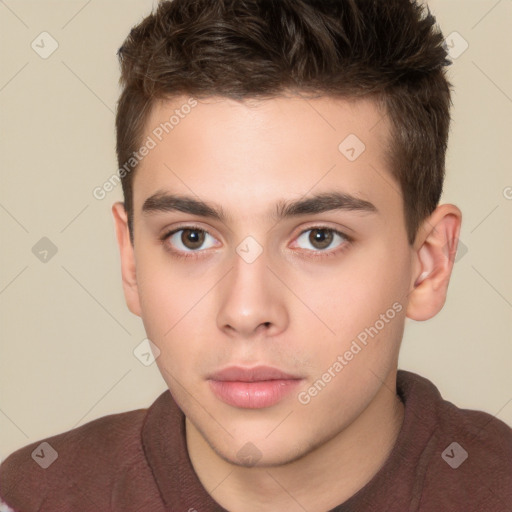 Neutral white young-adult male with short  brown hair and brown eyes