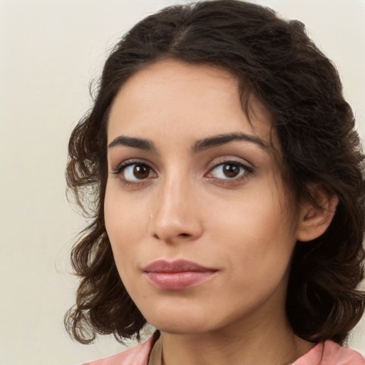 Neutral white young-adult female with medium  brown hair and brown eyes