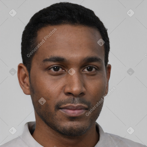 Neutral black young-adult male with short  black hair and brown eyes