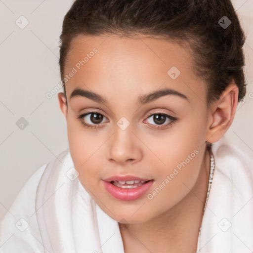 Joyful white child female with short  brown hair and brown eyes