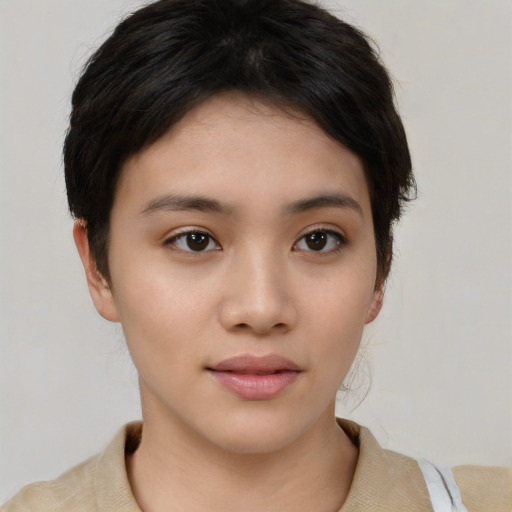 Neutral white young-adult female with short  brown hair and brown eyes