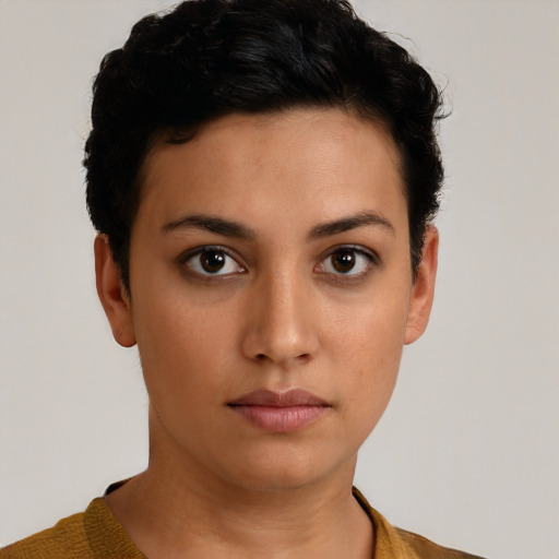 Neutral latino young-adult female with short  brown hair and brown eyes
