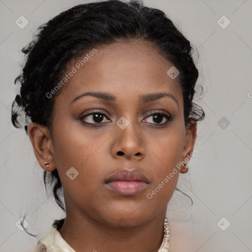 Neutral black young-adult female with medium  brown hair and brown eyes