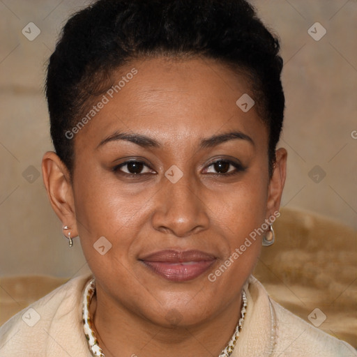 Joyful latino young-adult female with short  brown hair and brown eyes