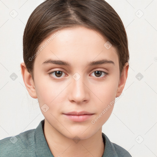 Neutral white young-adult female with short  brown hair and brown eyes