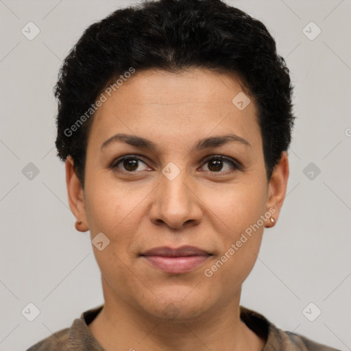 Joyful latino young-adult female with short  brown hair and brown eyes