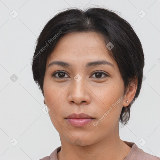 Neutral asian young-adult female with medium  black hair and brown eyes