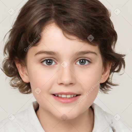 Joyful white child female with medium  brown hair and grey eyes