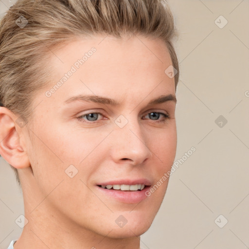 Joyful white young-adult female with short  brown hair and grey eyes