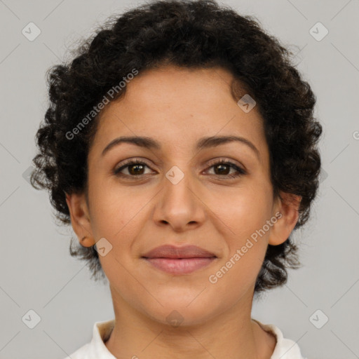 Joyful latino young-adult female with short  brown hair and brown eyes