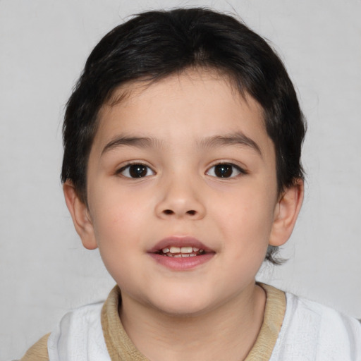 Joyful white child female with medium  brown hair and brown eyes