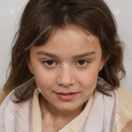 Joyful white child female with medium  brown hair and brown eyes