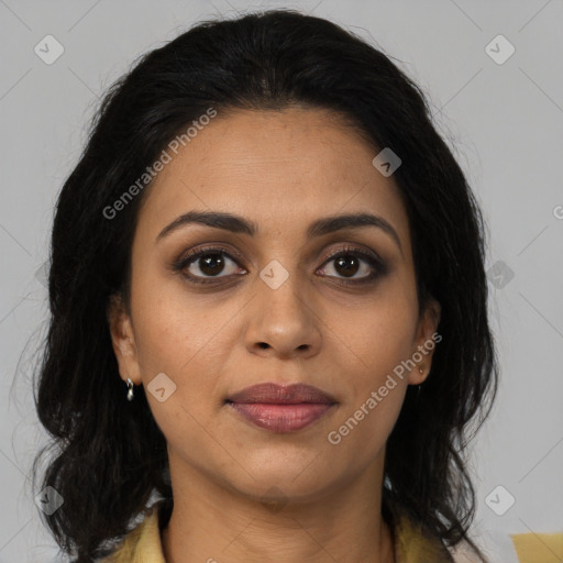 Joyful latino young-adult female with medium  brown hair and brown eyes