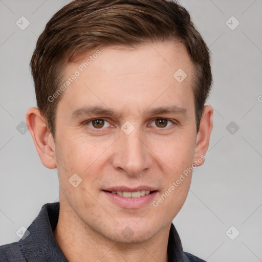 Joyful white adult male with short  brown hair and grey eyes