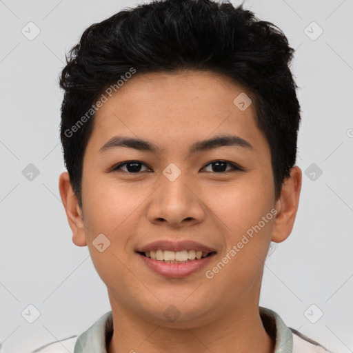 Joyful asian young-adult female with short  black hair and brown eyes