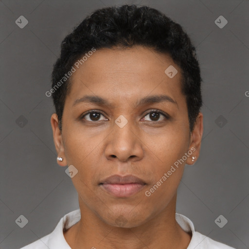 Neutral black young-adult female with short  black hair and brown eyes