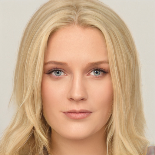 Neutral white young-adult female with long  blond hair and brown eyes