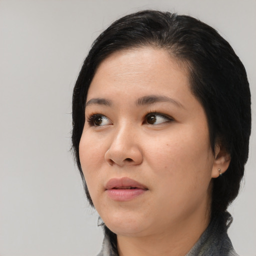 Neutral asian young-adult female with medium  black hair and brown eyes