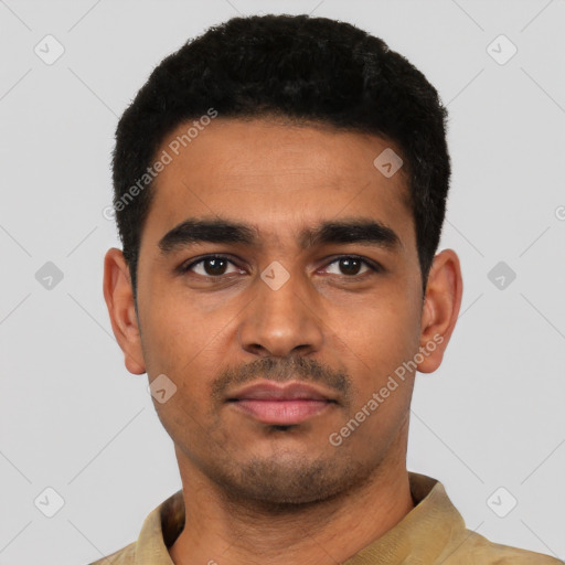 Neutral latino young-adult male with short  black hair and brown eyes