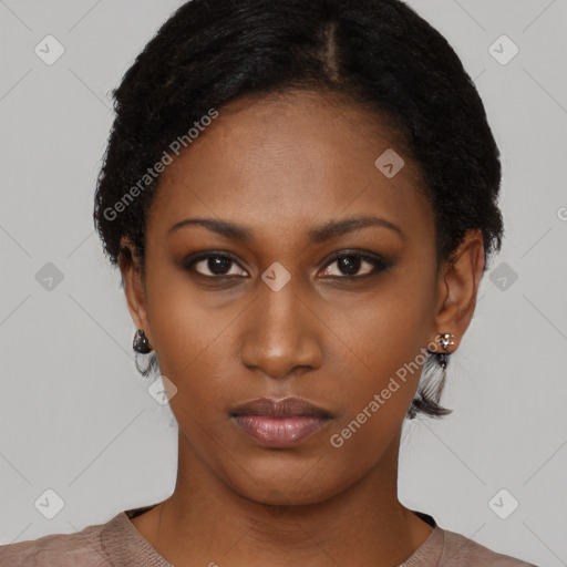 Neutral black young-adult female with short  black hair and brown eyes