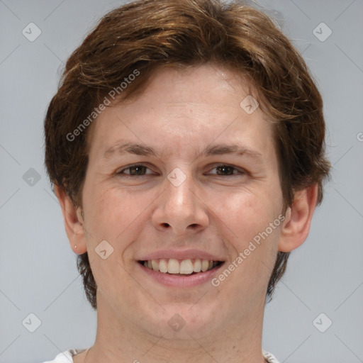 Joyful white young-adult female with short  brown hair and brown eyes