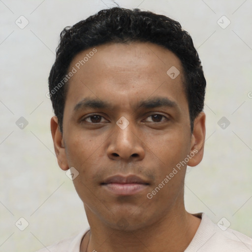 Neutral latino young-adult male with short  black hair and brown eyes
