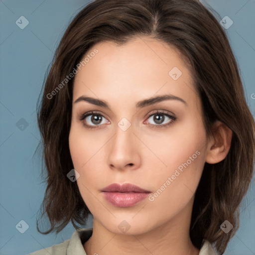 Neutral white young-adult female with medium  brown hair and brown eyes