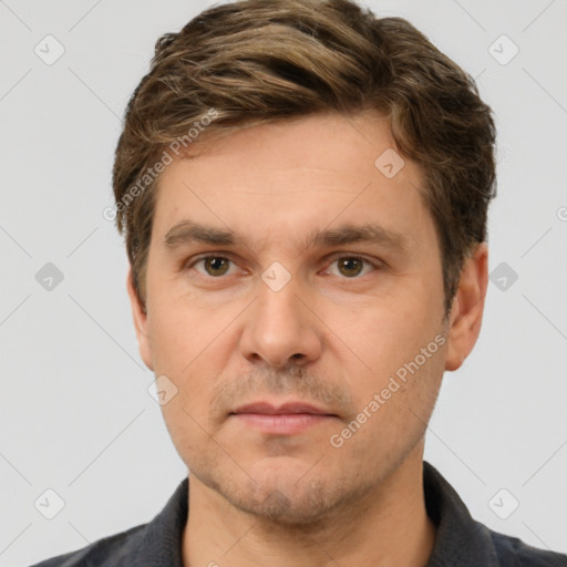 Neutral white adult male with short  brown hair and brown eyes