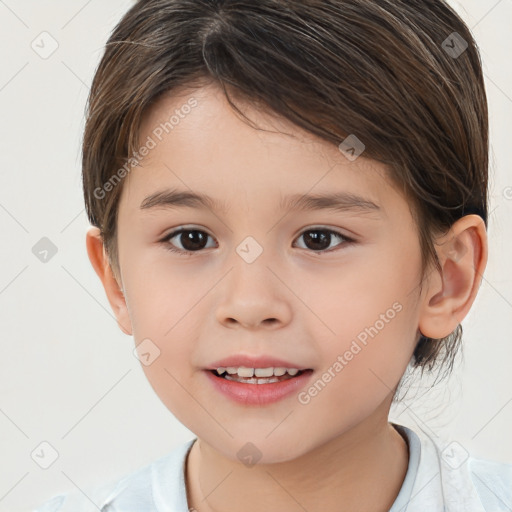 Joyful white child female with medium  brown hair and brown eyes