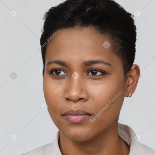 Neutral black young-adult female with short  black hair and brown eyes