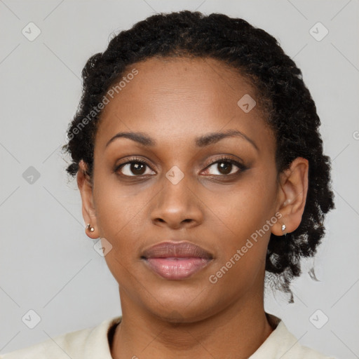 Neutral black young-adult female with short  black hair and brown eyes