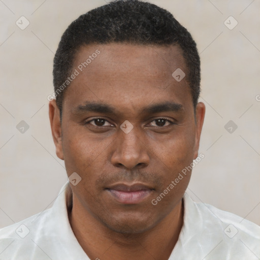 Neutral black young-adult male with short  brown hair and brown eyes