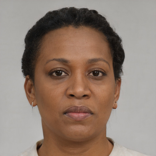 Neutral black adult female with short  brown hair and brown eyes