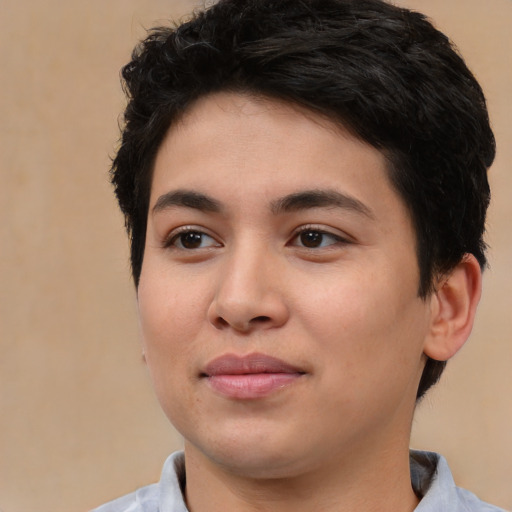 Joyful white young-adult female with short  black hair and brown eyes