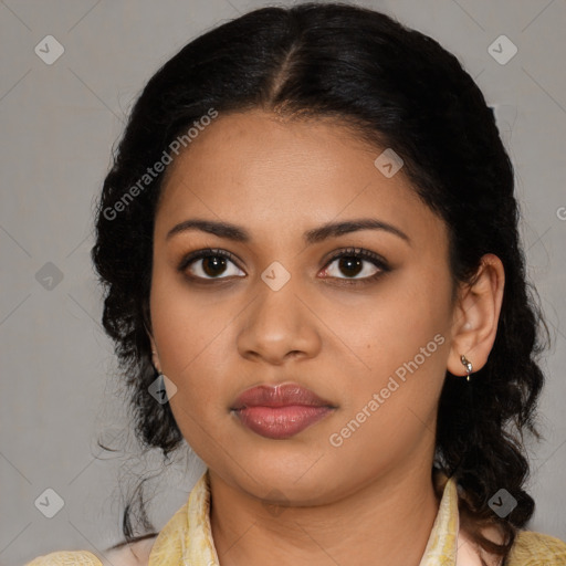 Joyful latino young-adult female with medium  black hair and brown eyes