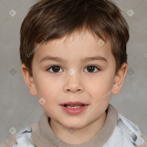 Joyful white child male with short  brown hair and brown eyes