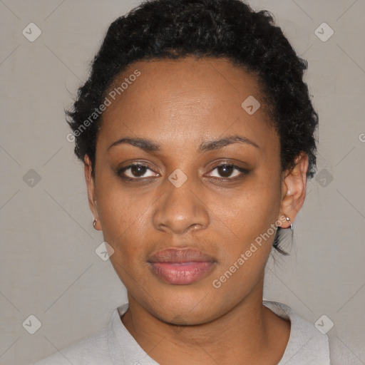 Neutral black young-adult female with short  black hair and brown eyes