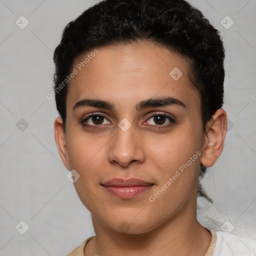 Joyful latino young-adult female with short  brown hair and brown eyes