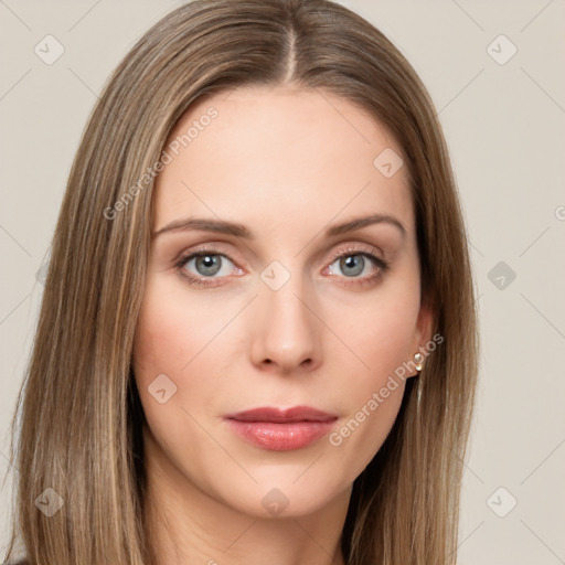 Neutral white young-adult female with long  brown hair and grey eyes