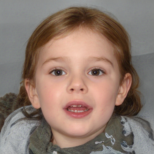 Joyful white child female with medium  brown hair and blue eyes