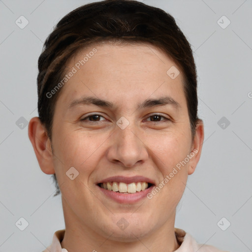 Joyful white adult female with short  brown hair and brown eyes