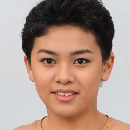 Joyful asian young-adult female with short  brown hair and brown eyes
