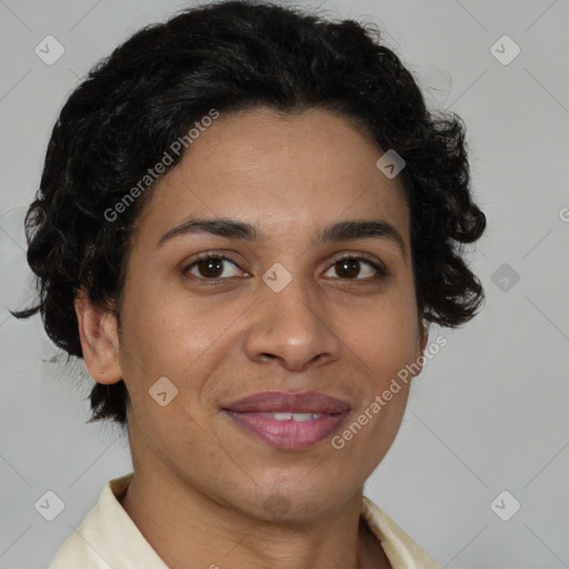 Joyful latino young-adult female with short  brown hair and brown eyes