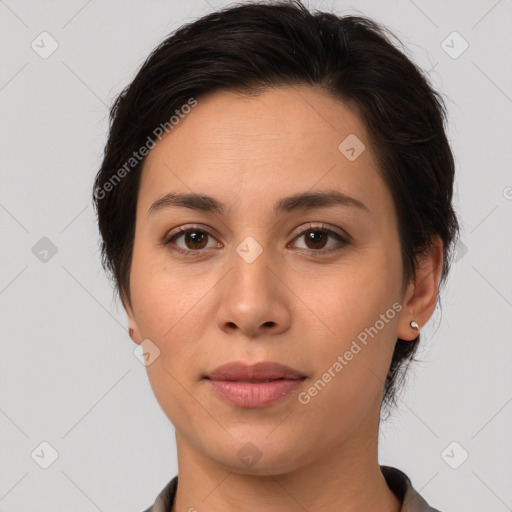 Joyful white young-adult female with medium  brown hair and brown eyes