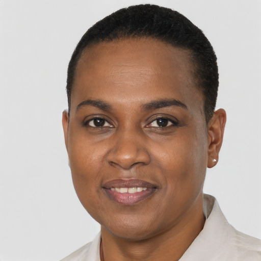 Joyful black young-adult female with short  black hair and brown eyes