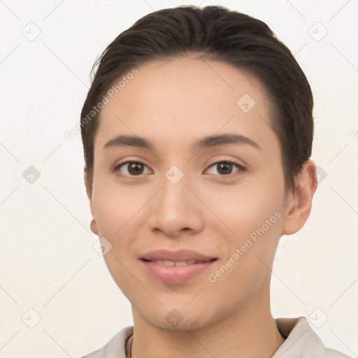 Joyful white young-adult female with short  brown hair and brown eyes